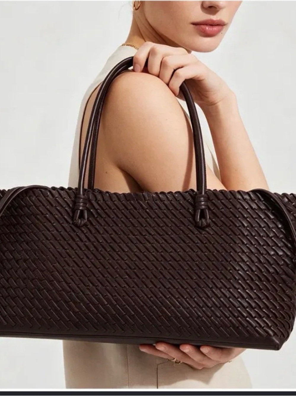Zara Woven Leather Tote Bag - Chocolate Brown